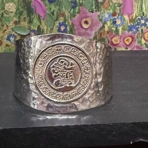 Mayan Aztec Calendar Cuff Bracelet Unisex Silver Hammered Medallion Unbranded